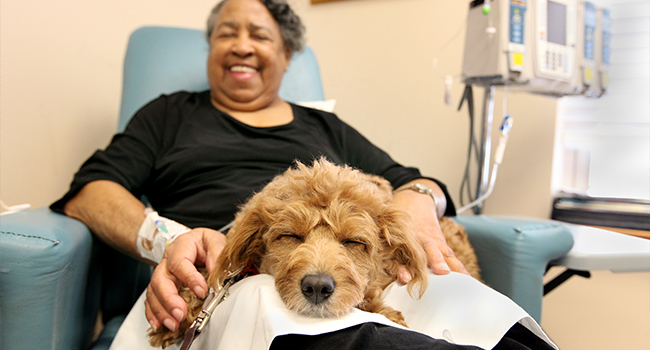 Hollings Cancer Center patient Rosalind enjoys time with a pet therapy dog during her treatment