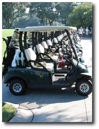 Golf carts lined up at the club house